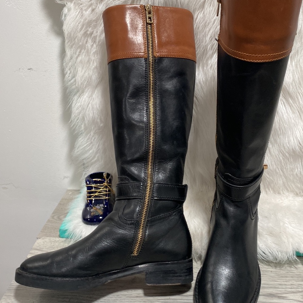 COACH EVA Black Brown Calf Leather Tall Boots 6.5 B Zip Classy 2-tone - Picture 2 of 13